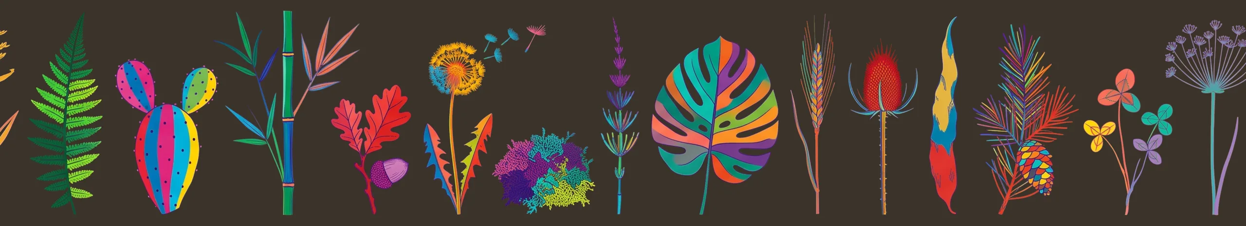 Fourteen botanical specimens in different shapes and colours, drawn in one flat style on a dark warm ground